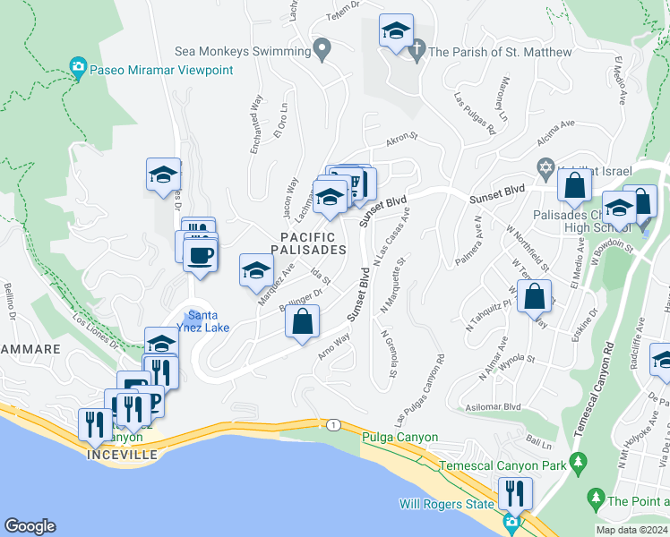 map of restaurants, bars, coffee shops, grocery stores, and more near 16766 Bollinger Drive in Los Angeles