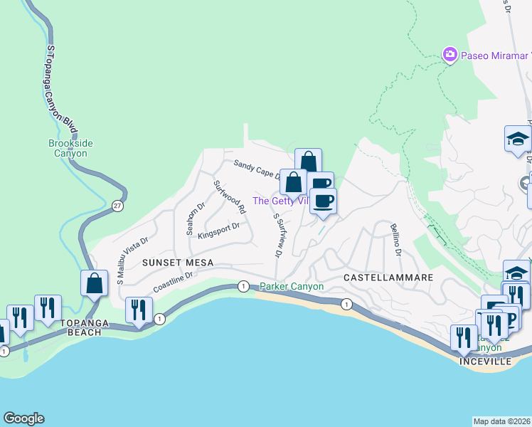 map of restaurants, bars, coffee shops, grocery stores, and more near 3728 Surfwood Road in Malibu