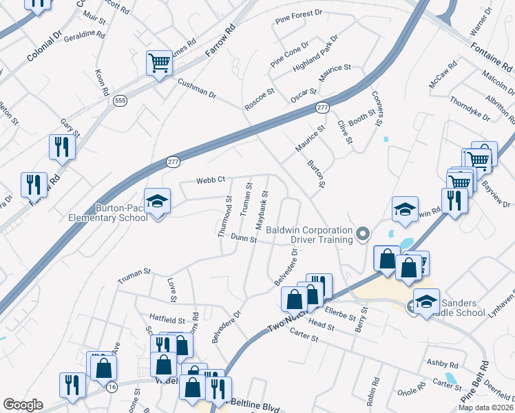 map of restaurants, bars, coffee shops, grocery stores, and more near 3638 Maybank Street in Columbia