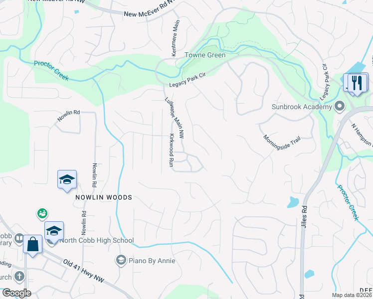 map of restaurants, bars, coffee shops, grocery stores, and more near 2991 Bancroft Glen in Kennesaw