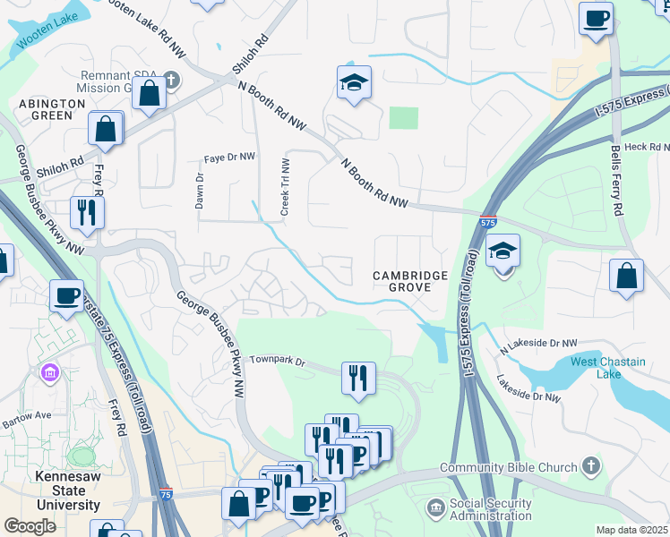 map of restaurants, bars, coffee shops, grocery stores, and more near 3780 Towne Crossing in Kennesaw