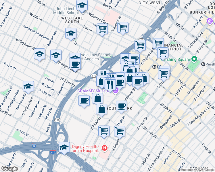 map of restaurants, bars, coffee shops, grocery stores, and more near 903 West Olympic Boulevard in Los Angeles