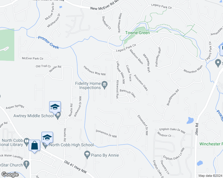 map of restaurants, bars, coffee shops, grocery stores, and more near 3622 Bancroft Main in Kennesaw