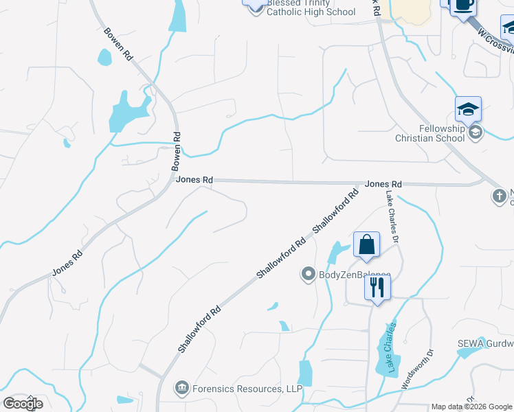 map of restaurants, bars, coffee shops, grocery stores, and more near 5017 Heatherwood Court in Roswell
