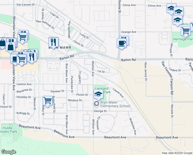 map of restaurants, bars, coffee shops, grocery stores, and more near 26332 Saint David Street in Loma Linda