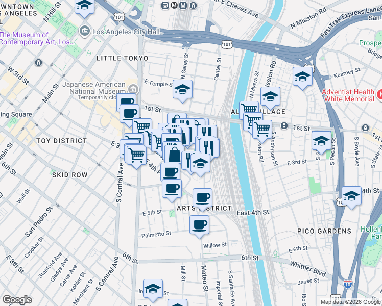 map of restaurants, bars, coffee shops, grocery stores, and more near 960 East 3rd Street in Los Angeles