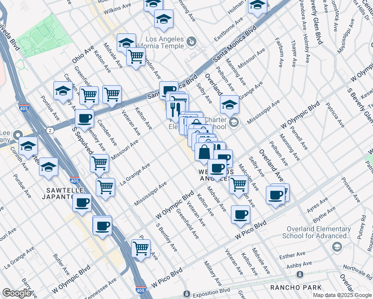 map of restaurants, bars, coffee shops, grocery stores, and more near 2022 Midvale Avenue in Los Angeles