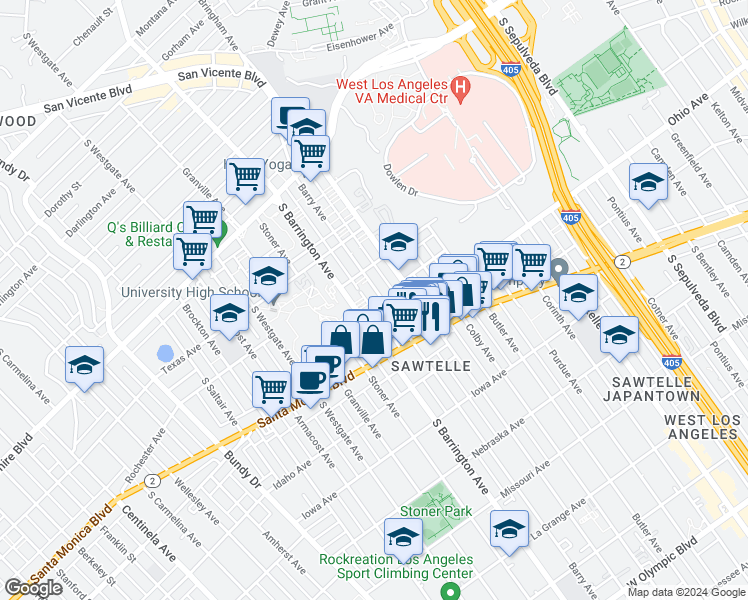 map of restaurants, bars, coffee shops, grocery stores, and more near 1433 Barry Avenue in Los Angeles