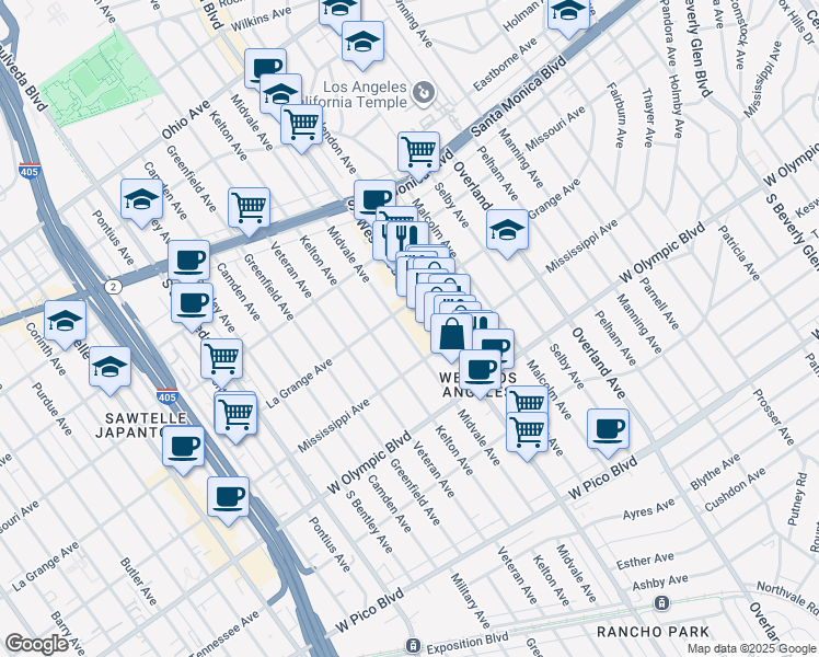 map of restaurants, bars, coffee shops, grocery stores, and more near 2022 Midvale Avenue in Los Angeles