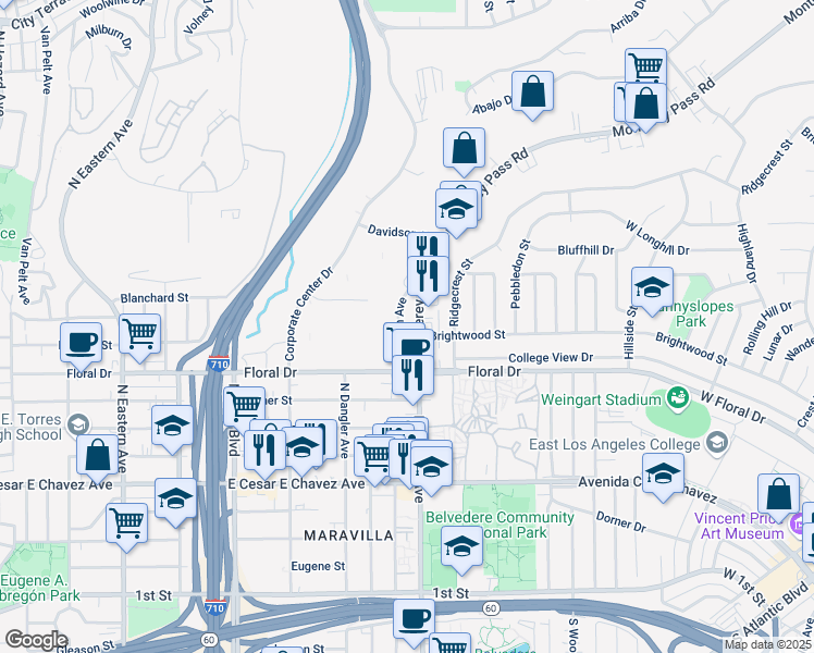 map of restaurants, bars, coffee shops, grocery stores, and more near 5 Kern Avenue in Monterey Park