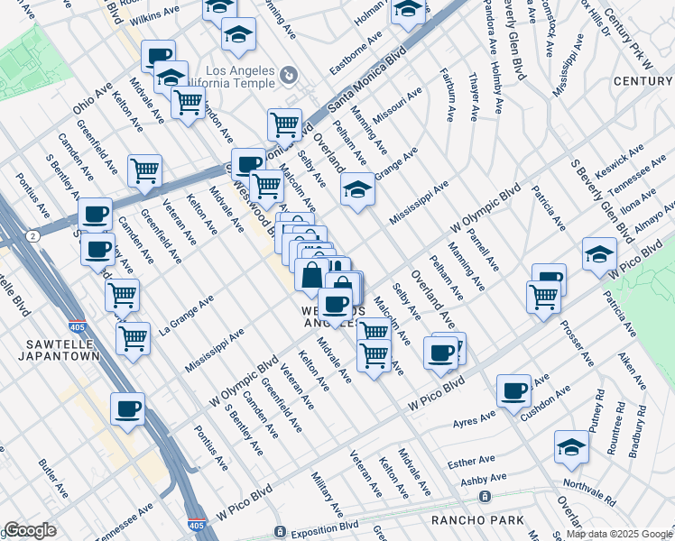map of restaurants, bars, coffee shops, grocery stores, and more near 2123 Malcolm Avenue in Los Angeles