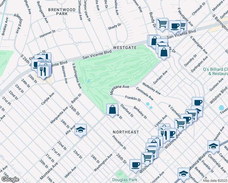 map of restaurants, bars, coffee shops, grocery stores, and more near 12730 Montana Avenue in Los Angeles