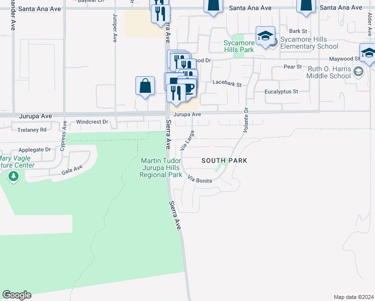 map of restaurants, bars, coffee shops, grocery stores, and more near 16983 Vía De Anza in Fontana