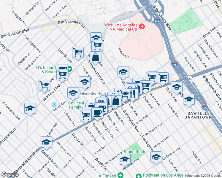 map of restaurants, bars, coffee shops, grocery stores, and more near 1422 South Barrington Avenue in Los Angeles