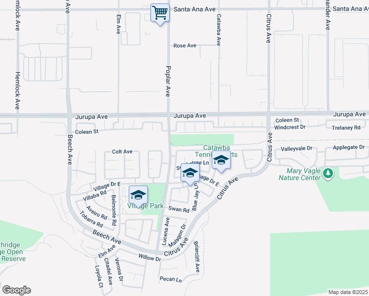 map of restaurants, bars, coffee shops, grocery stores, and more near 15750 Fiddleleaf Road in Fontana