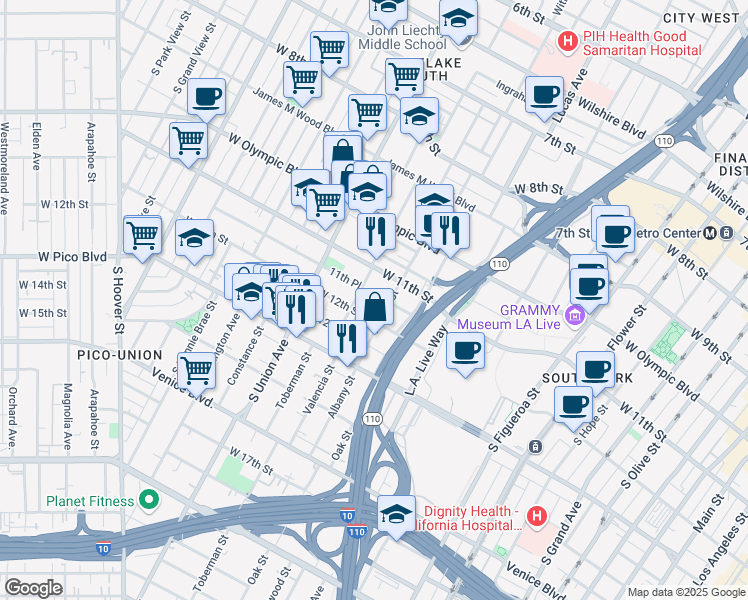 map of restaurants, bars, coffee shops, grocery stores, and more near 1425 West 12th Street in Los Angeles