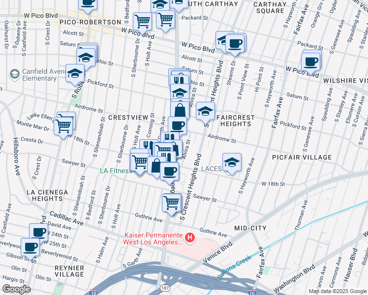 map of restaurants, bars, coffee shops, grocery stores, and more near 1743 Alvira Street in Los Angeles