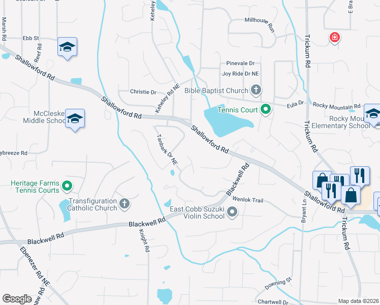 map of restaurants, bars, coffee shops, grocery stores, and more near 3898 Tanbark Court in Marietta