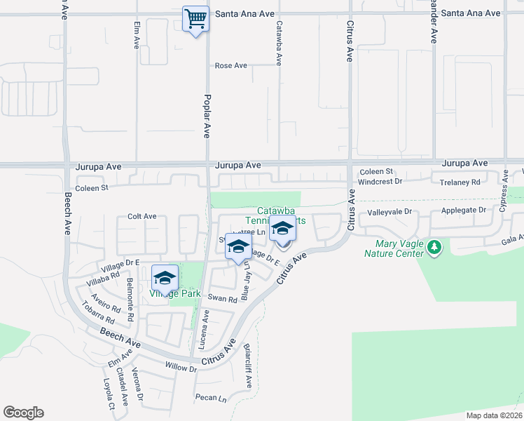map of restaurants, bars, coffee shops, grocery stores, and more near 15838 Fiddleleaf Road in Fontana