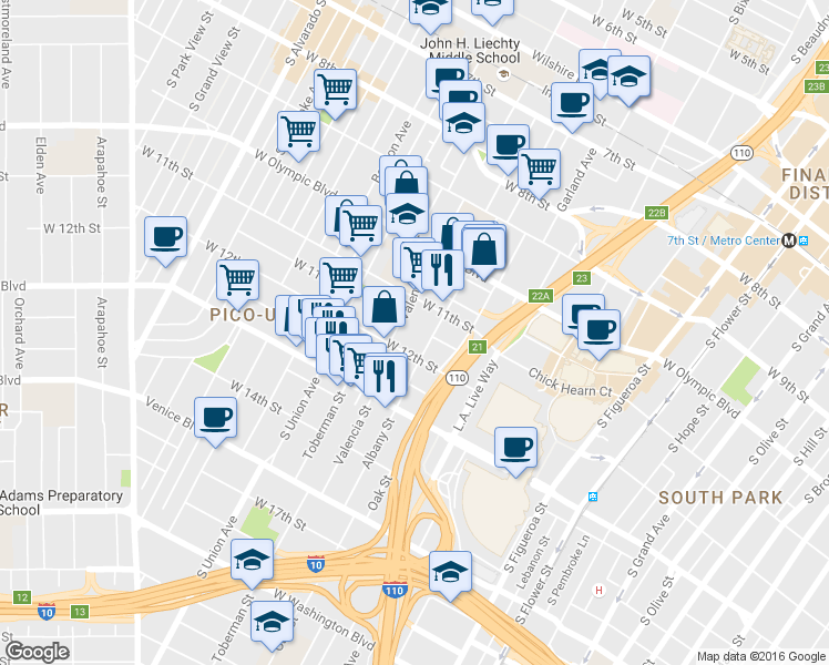 map of restaurants, bars, coffee shops, grocery stores, and more near 1425 West 12th Street in Los Angeles
