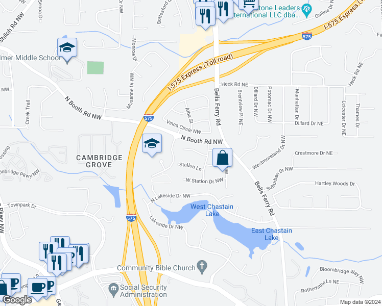 map of restaurants, bars, coffee shops, grocery stores, and more near 293 West Junction Court Northwest in Kennesaw
