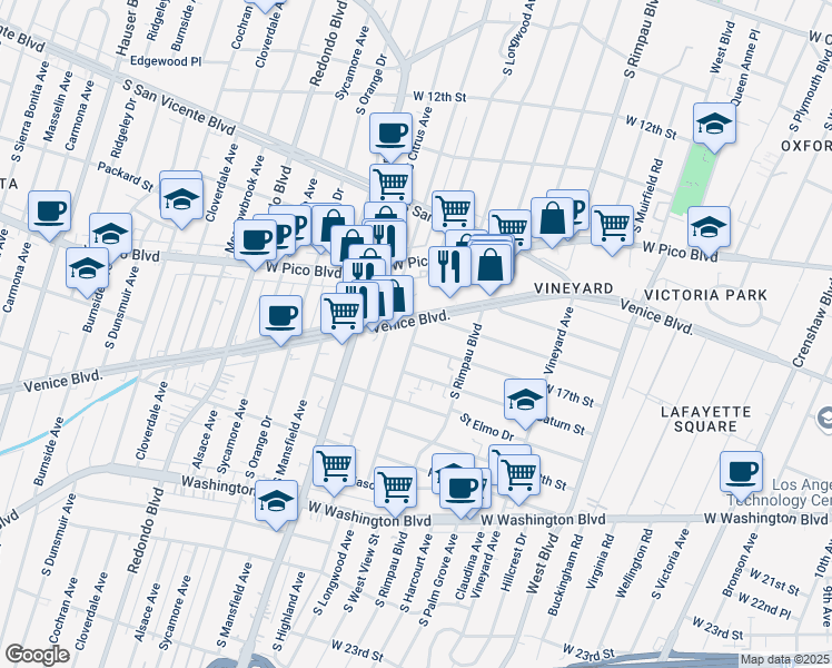map of restaurants, bars, coffee shops, grocery stores, and more near 4843 West 17th Street in Los Angeles