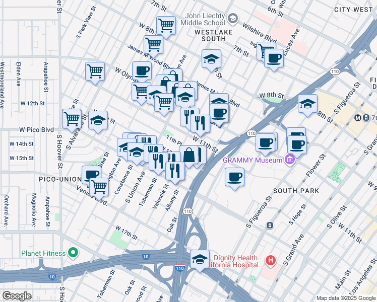 map of restaurants, bars, coffee shops, grocery stores, and more near 1425 West 12th Street in Los Angeles