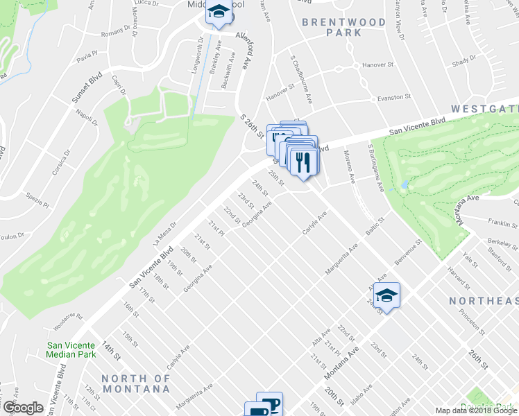 map of restaurants, bars, coffee shops, grocery stores, and more near 2301 Georgina Avenue in Santa Monica
