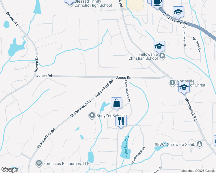 map of restaurants, bars, coffee shops, grocery stores, and more near 10905 Shallowford Road in Roswell