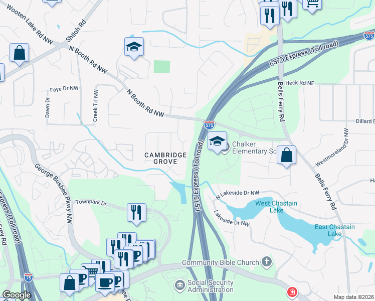 map of restaurants, bars, coffee shops, grocery stores, and more near 3676 Southwick Drive Northwest in Kennesaw