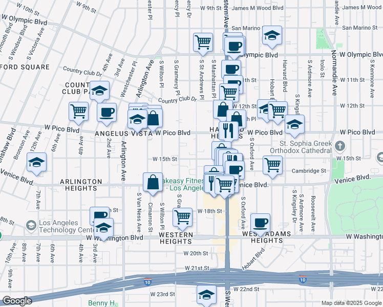 map of restaurants, bars, coffee shops, grocery stores, and more near 1415 South Saint Andrews Place in Los Angeles