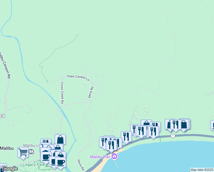 map of restaurants, bars, coffee shops, grocery stores, and more near 3268 Serra Road in Malibu