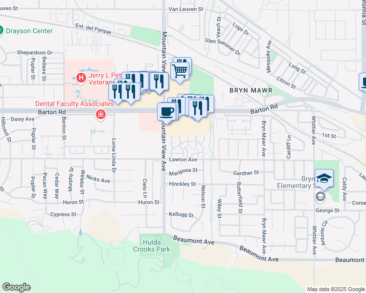 map of restaurants, bars, coffee shops, grocery stores, and more near 25773 Sunrise Way in Loma Linda