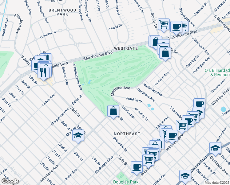 map of restaurants, bars, coffee shops, grocery stores, and more near 12730 Montana Avenue in Los Angeles