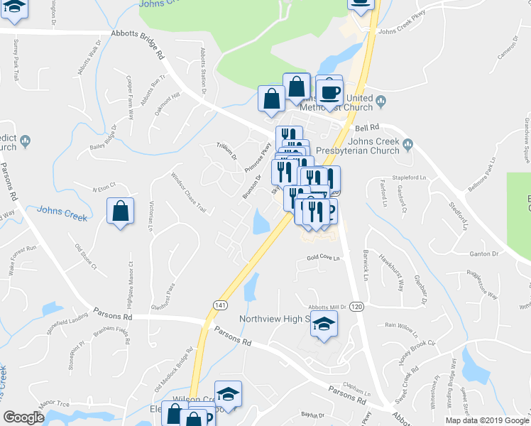 map of restaurants, bars, coffee shops, grocery stores, and more near 10821 Alderwood Cove in Johns Creek