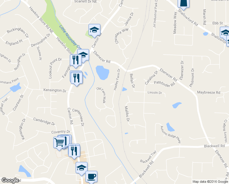 map of restaurants, bars, coffee shops, grocery stores, and more near 3889 Hadley Farm Drive in Marietta
