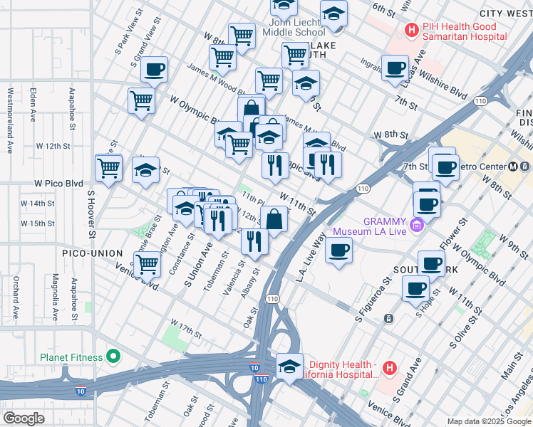 map of restaurants, bars, coffee shops, grocery stores, and more near 1425 West 12th Street in Los Angeles