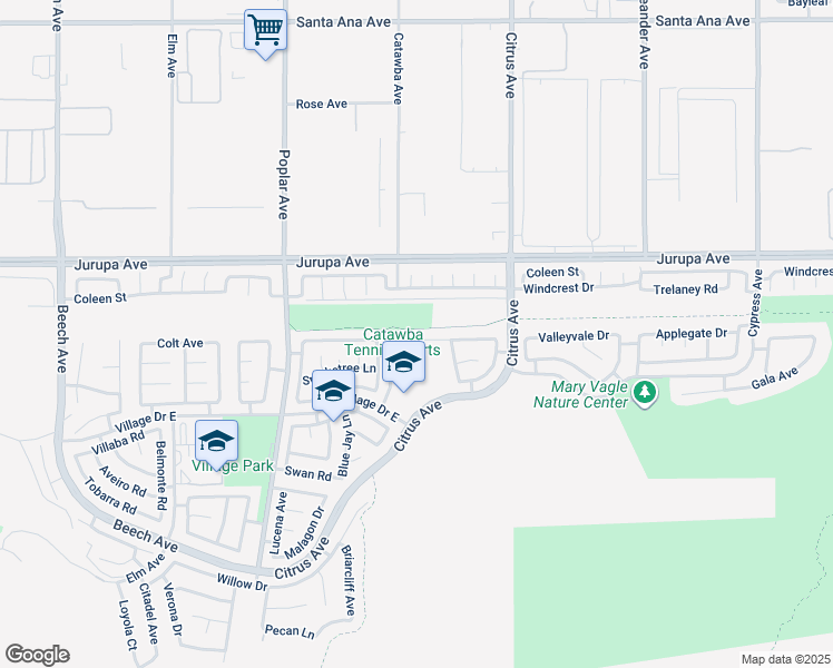 map of restaurants, bars, coffee shops, grocery stores, and more near 15930 Peach Tree Lane in Fontana