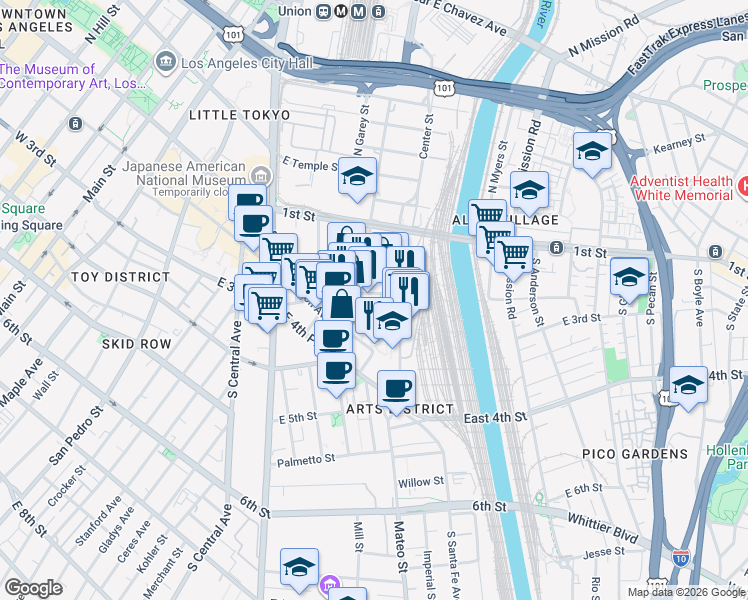 map of restaurants, bars, coffee shops, grocery stores, and more near 960 East 3rd Street in Los Angeles