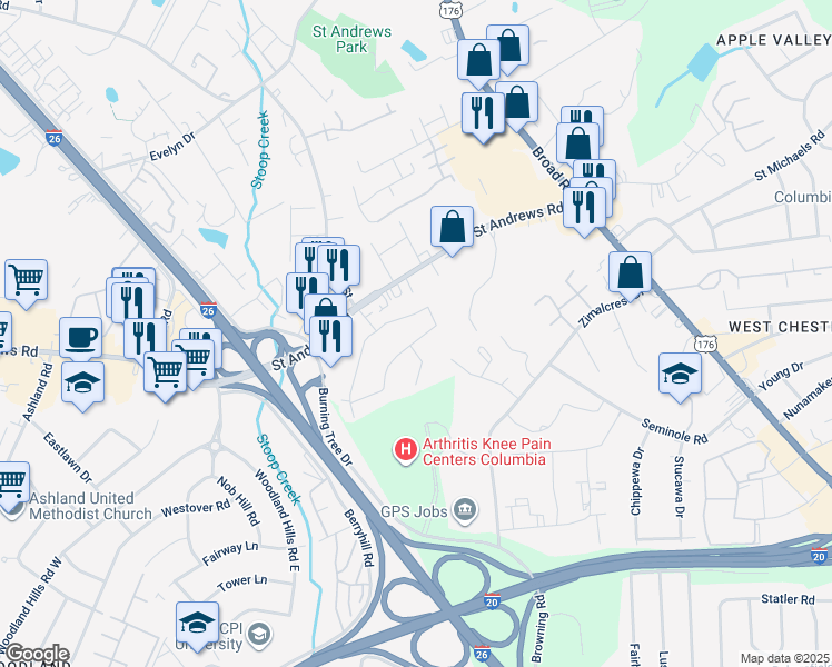 map of restaurants, bars, coffee shops, grocery stores, and more near 200 Chartwell Road in Columbia