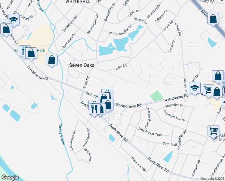 map of restaurants, bars, coffee shops, grocery stores, and more near 262 Sandhurst Road in Columbia