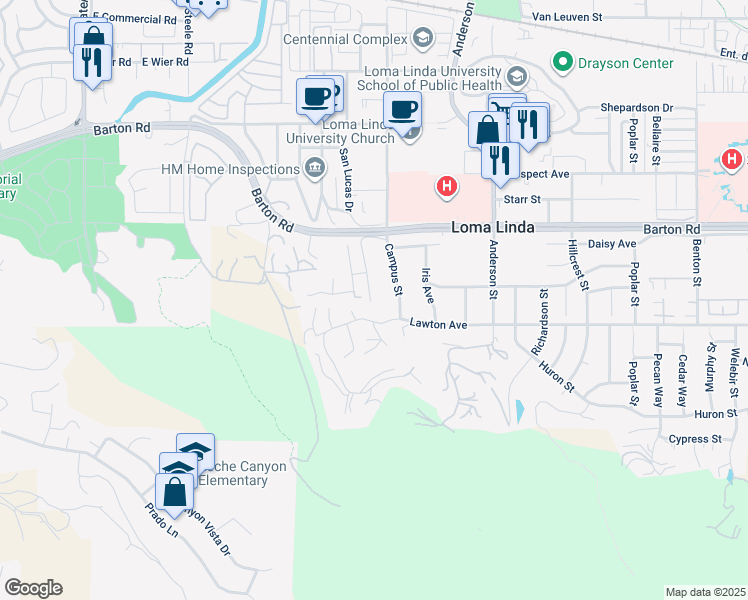 map of restaurants, bars, coffee shops, grocery stores, and more near 11441 San Juan Street in Loma Linda