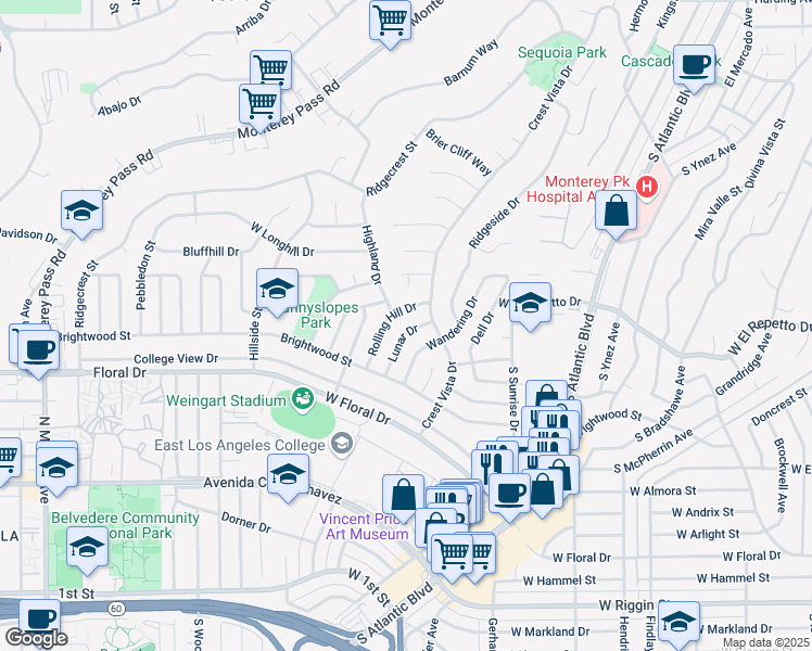 map of restaurants, bars, coffee shops, grocery stores, and more near 1530 Lunar Drive in Monterey Park