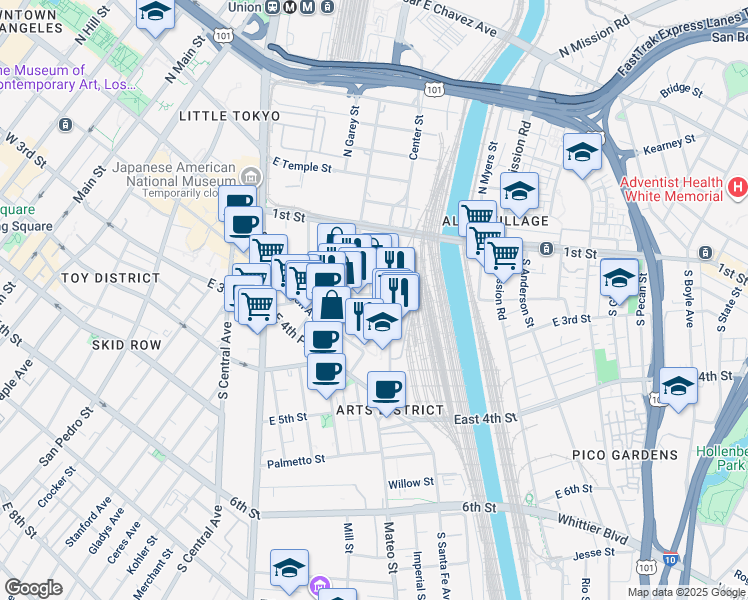 map of restaurants, bars, coffee shops, grocery stores, and more near 950 East 3rd Street in Los Angeles