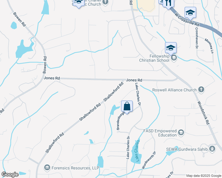 map of restaurants, bars, coffee shops, grocery stores, and more near 10895 Shallowford Road in Roswell