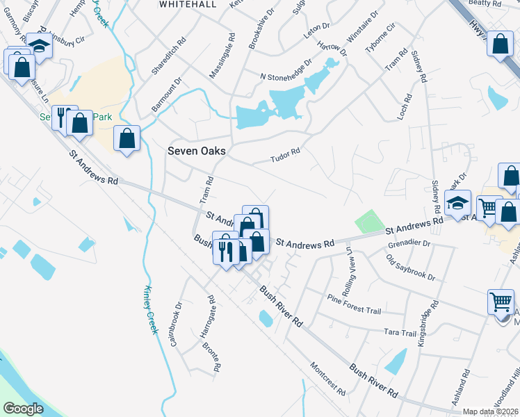 map of restaurants, bars, coffee shops, grocery stores, and more near 262 Sandhurst Road in Columbia
