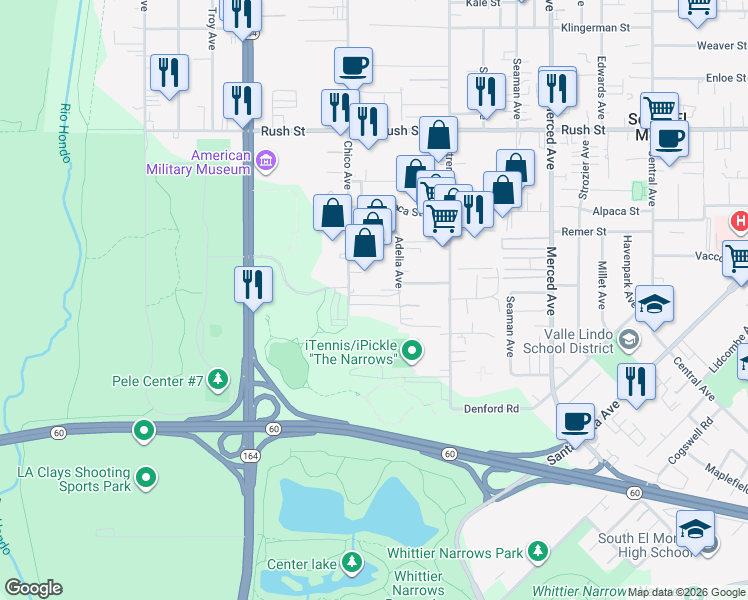 map of restaurants, bars, coffee shops, grocery stores, and more near 1446 Chico Avenue in South El Monte