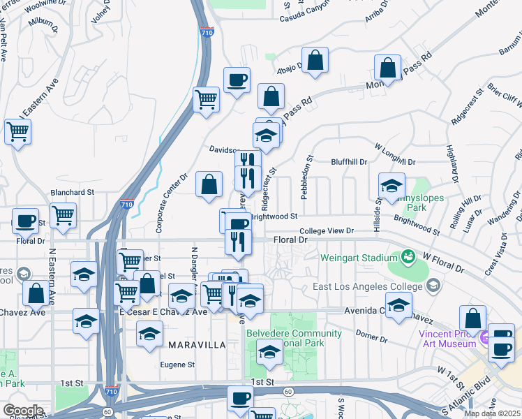 map of restaurants, bars, coffee shops, grocery stores, and more near 1499 Ridgecrest Street in Monterey Park