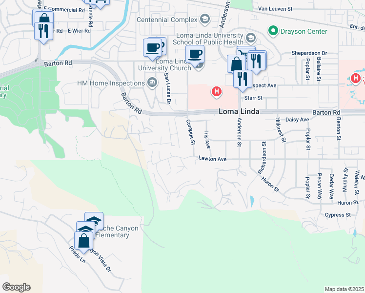 map of restaurants, bars, coffee shops, grocery stores, and more near 11441 San Juan Street in Loma Linda
