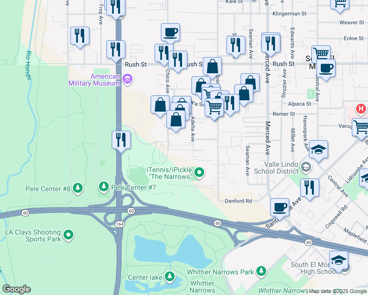 map of restaurants, bars, coffee shops, grocery stores, and more near 1445 Adelia Avenue in South El Monte